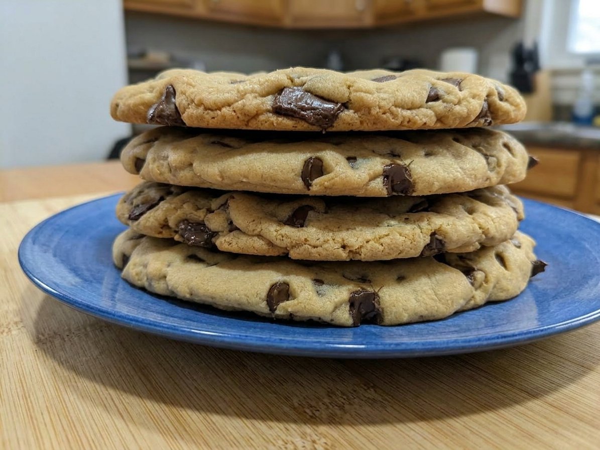 Thin crispy chocolate chip cookies spreading on a baking sheet lined with parchment.