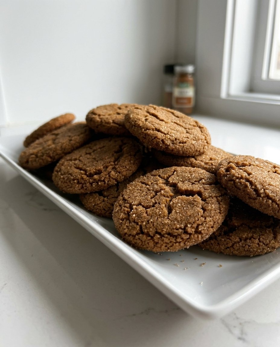 A tray of big chewy ginger cookies showing a crackled sugar surface and soft texture