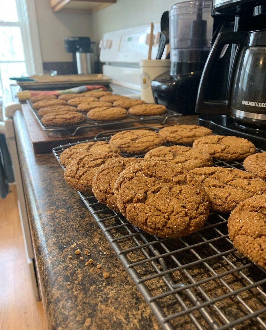 A stack of large crackled ginger cookies on a wire rack