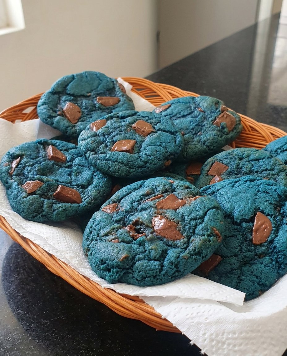 A cross section of a Blue Character Cookie showing the whole Oreo stuffed inside