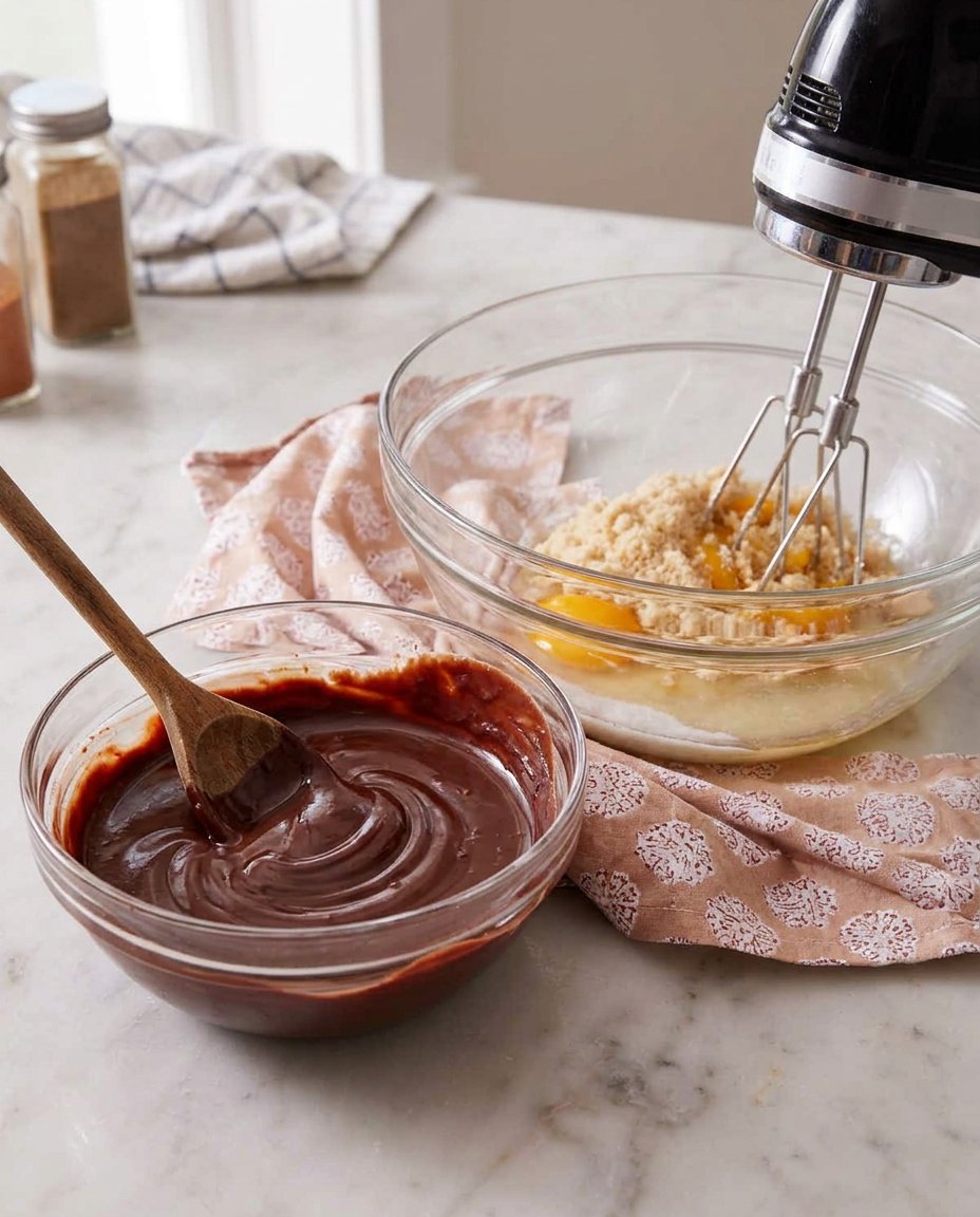Ingredients for brownie cookies including bittersweet chocolate and cocoa powder