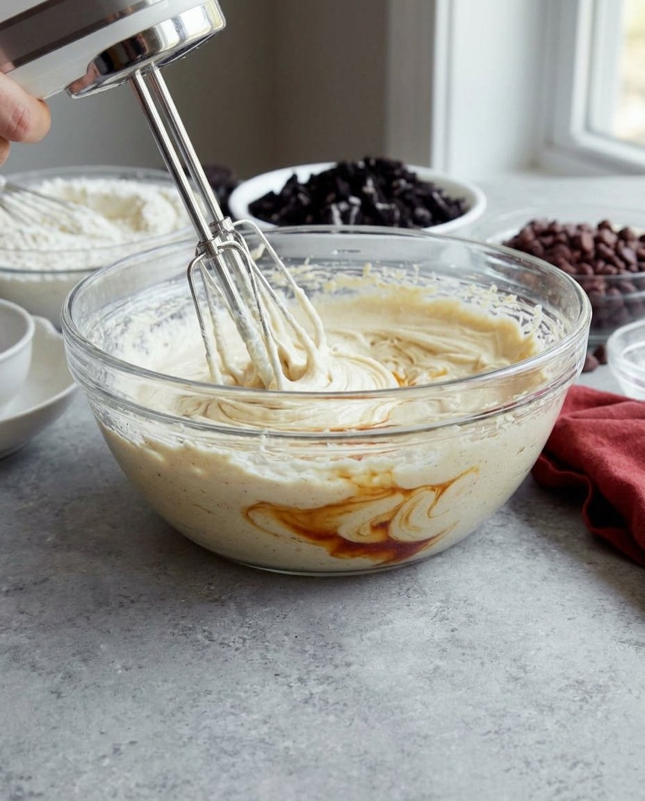 The batter of brownie cookies being folded with a spatula