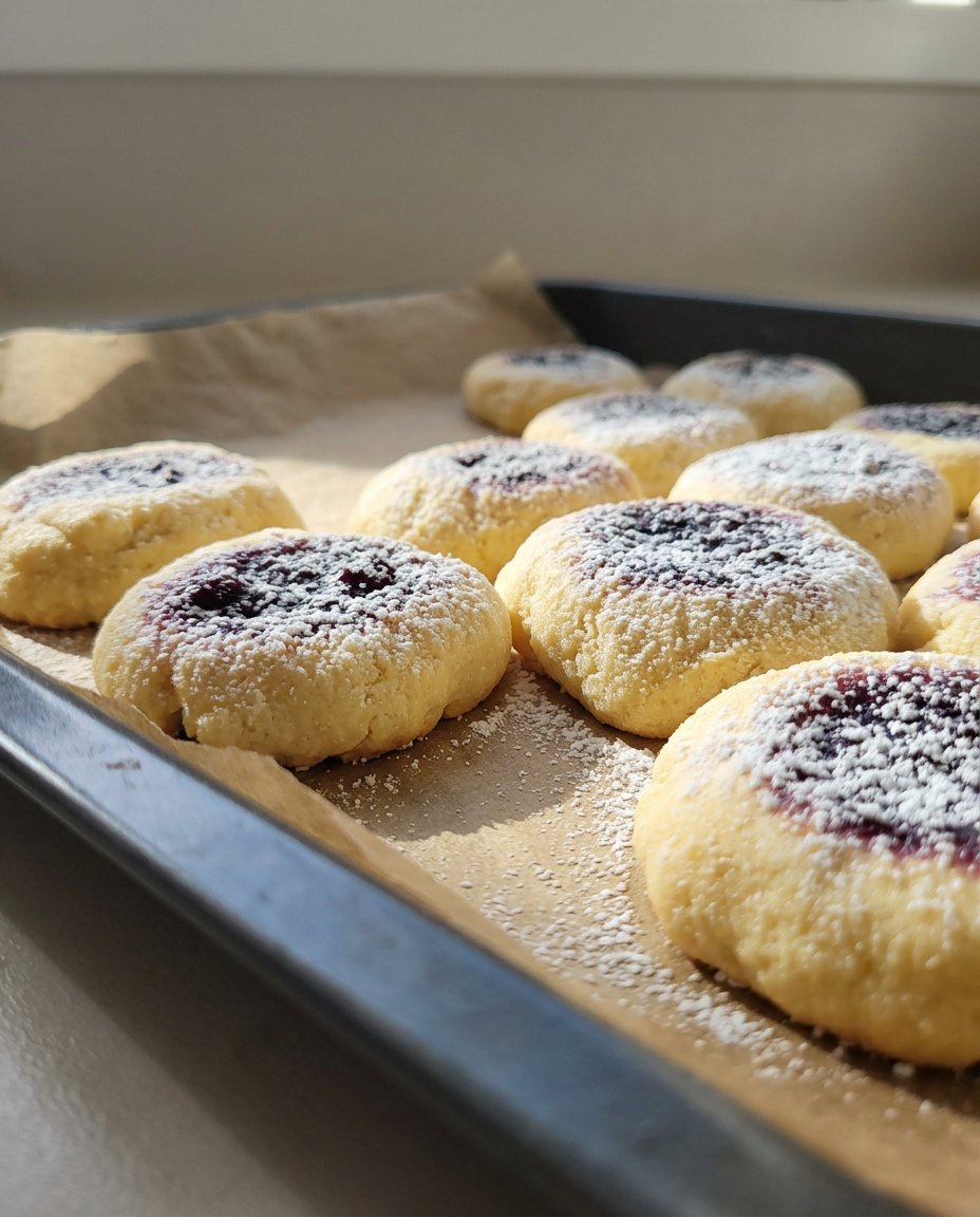 A close up shot of several golden thumbprint cookies filled with red jam on a baking sheet