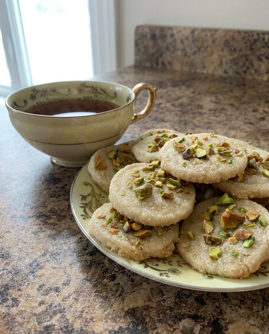 Freshly baked cardamom pistachio cookies cooling on a wire rack with chopped pistachios on top.