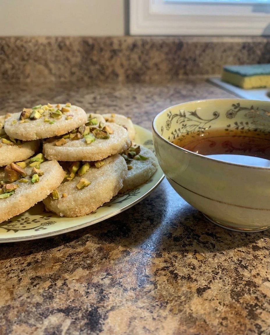 Detailed cross section of a cardamom pistachio cookie showing the chewy interior and ground pistachio bits.