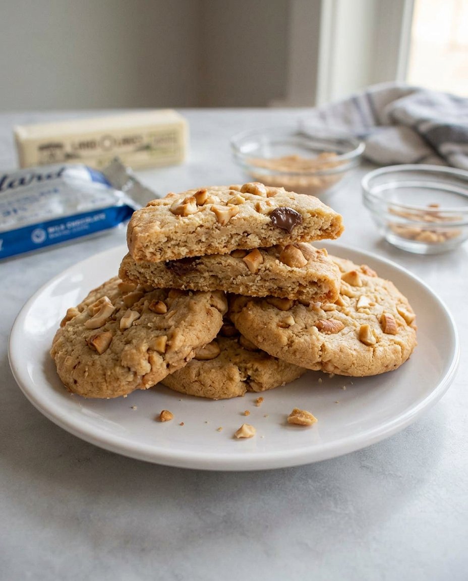 Ingredients for cashew shortbread including browned butter and chopped nuts.