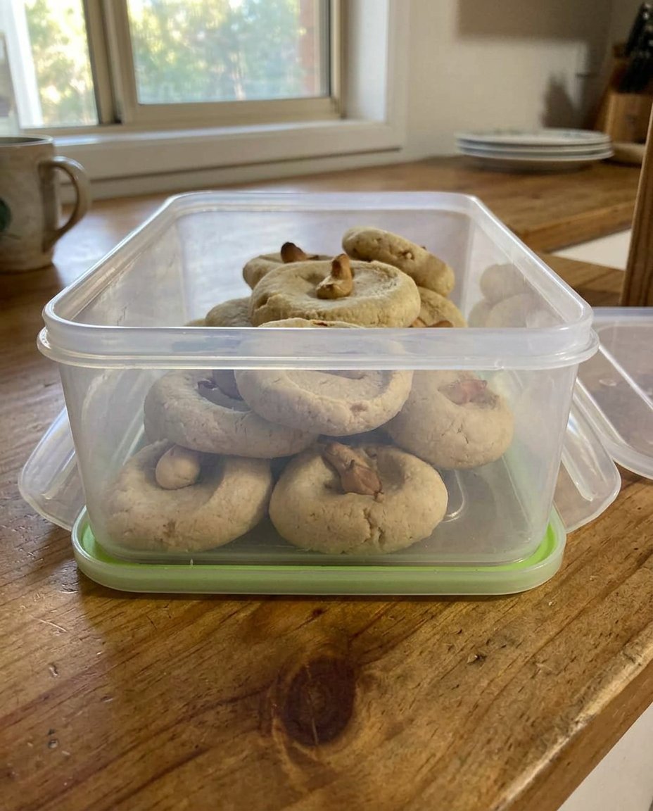 Cashew shortbread served on a porcelain plate with a cup of tea.