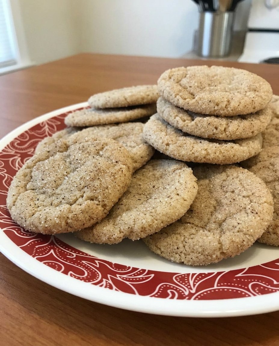 A stack of chai snickerdoodles served on a decorative tray next to a cup of tea.