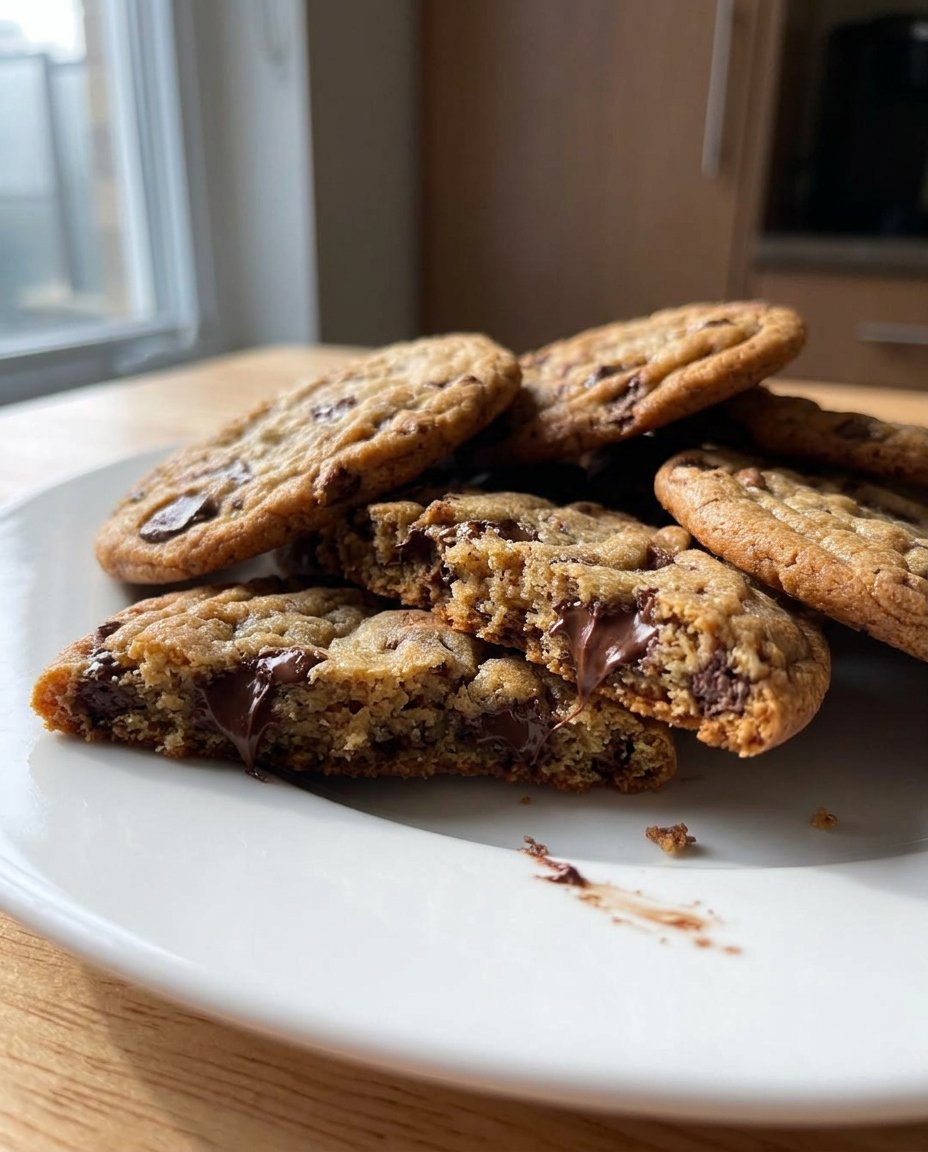 A close up of a chewy chocolate chip cookie showing melty chocolate and a soft center