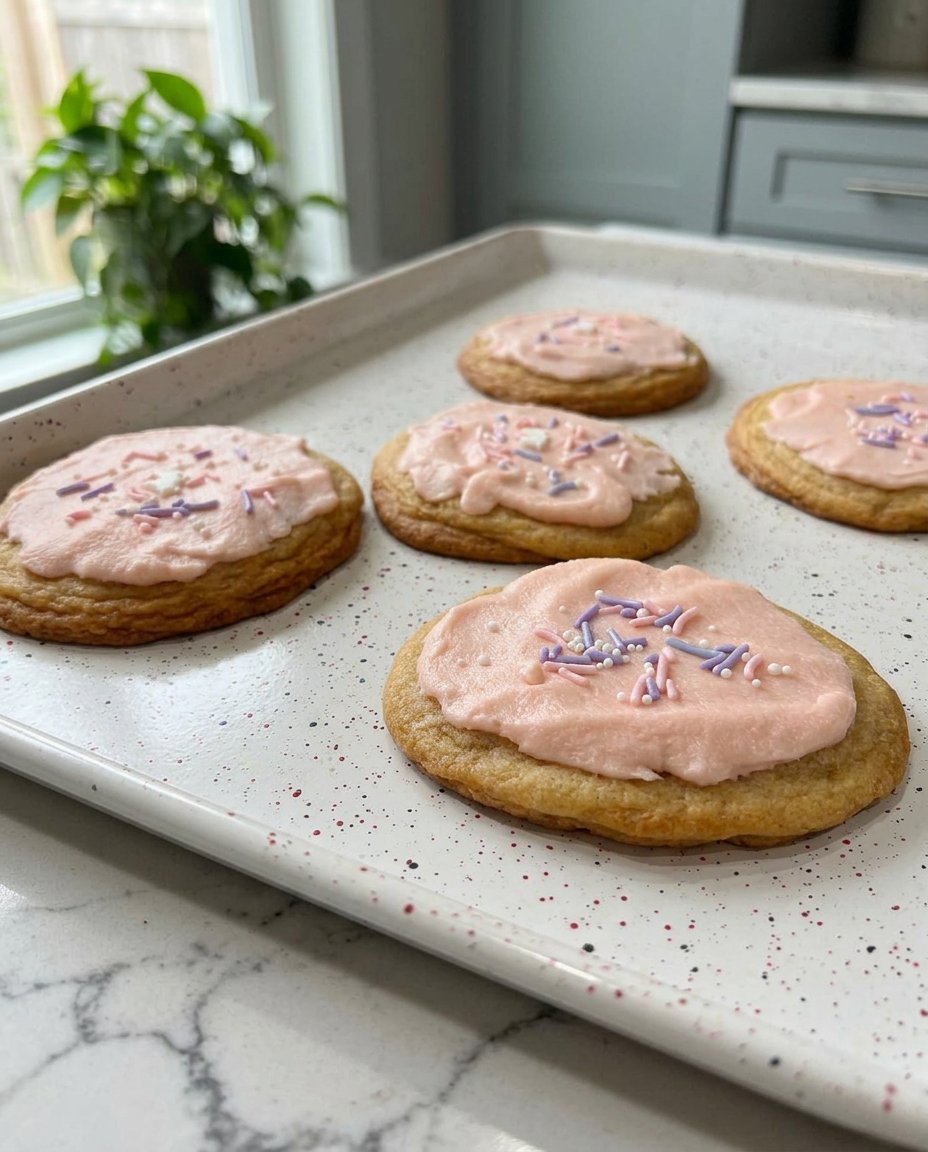 Soft chilled sugar cookies with pink almond icing and a thick texture.
