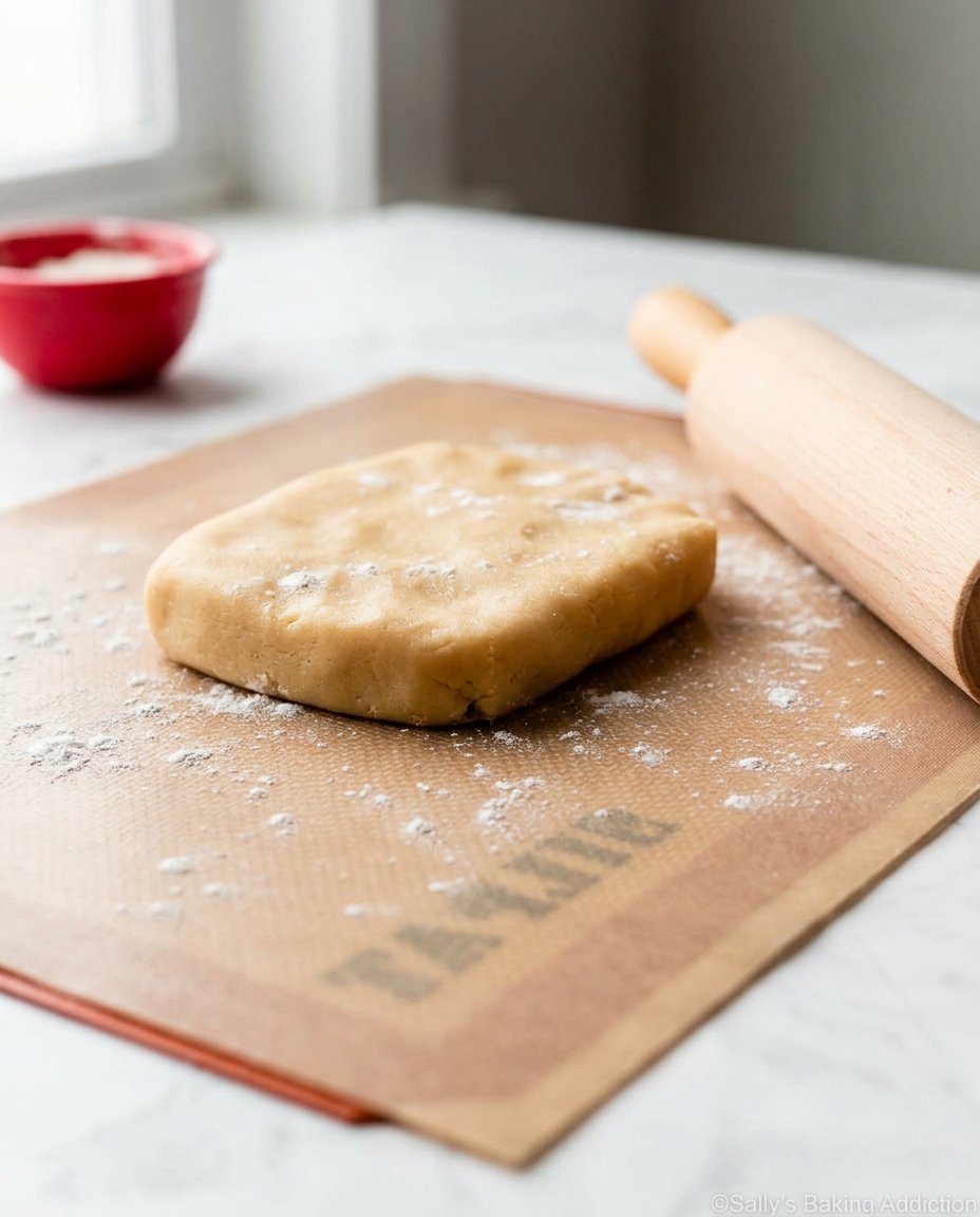 A tightly wrapped cylinder of pinwheel cookie dough being prepared for slicing.