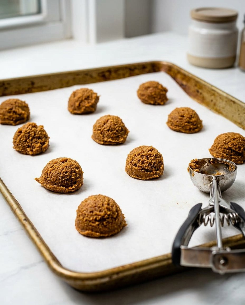 A close up of the dark sticky gingerbread dough being portioned with a scoop.