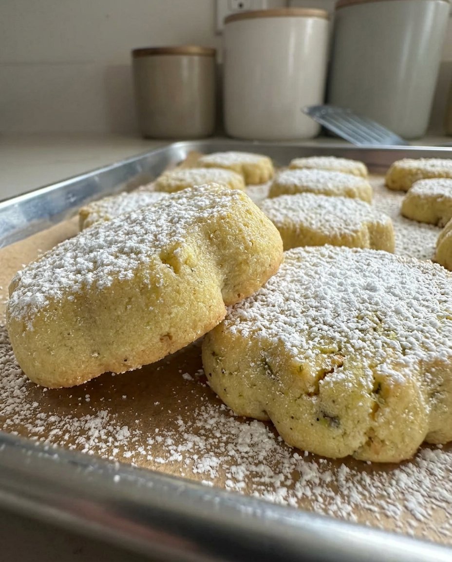 Uniform balls of pistachio cookie dough chilled and ready for the spiced sugar coating.