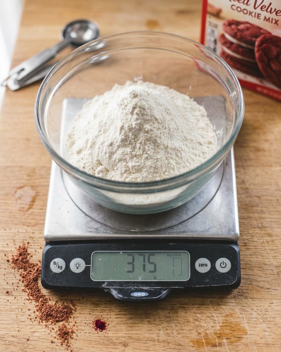 Raw red velvet cookie dough balls arranged on a baking tray before going into the oven.