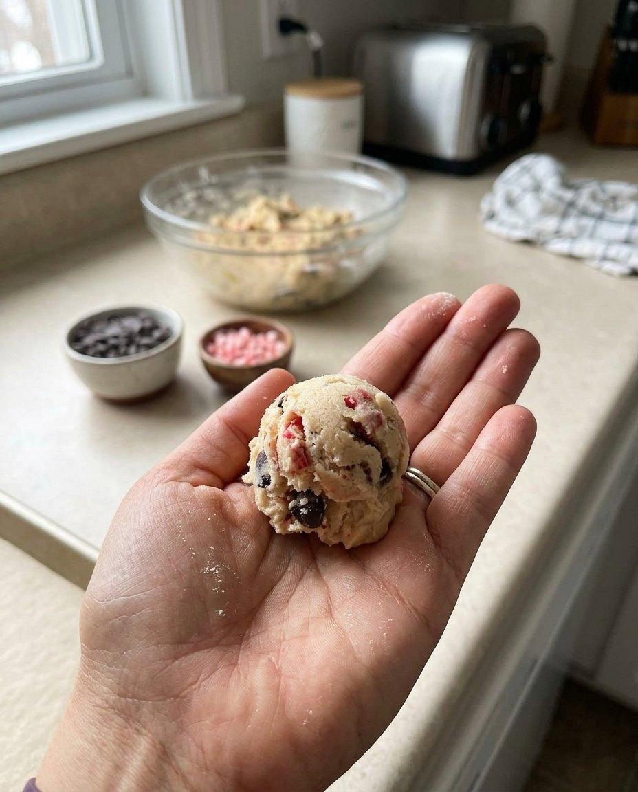 A tray of peppermint cookies being sprinkled with flaky sea salt.