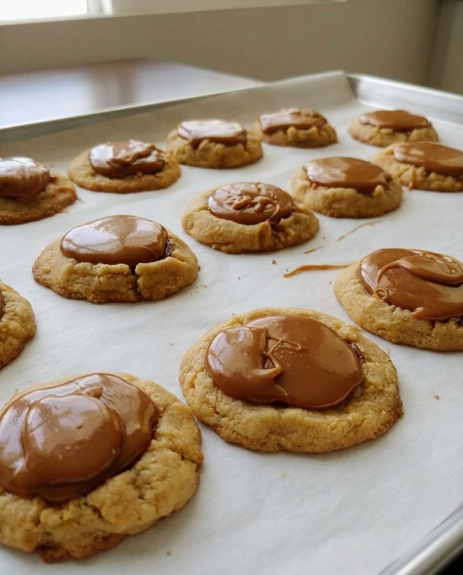 A porcelain plate of finished caramel thumbprint cookies next to a cup of hot tea