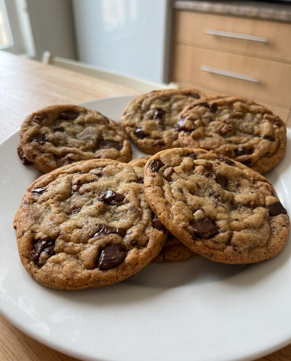 A stack of chocolate chip cookies next to a glass of milk and a cup of coffee