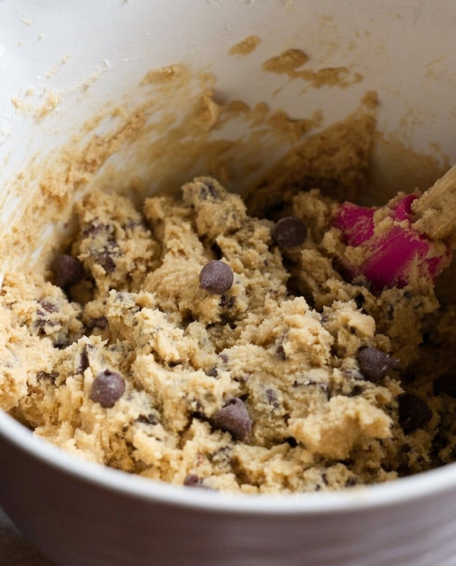 Bowls of flour sugar and chocolate chips measured on a digital scale