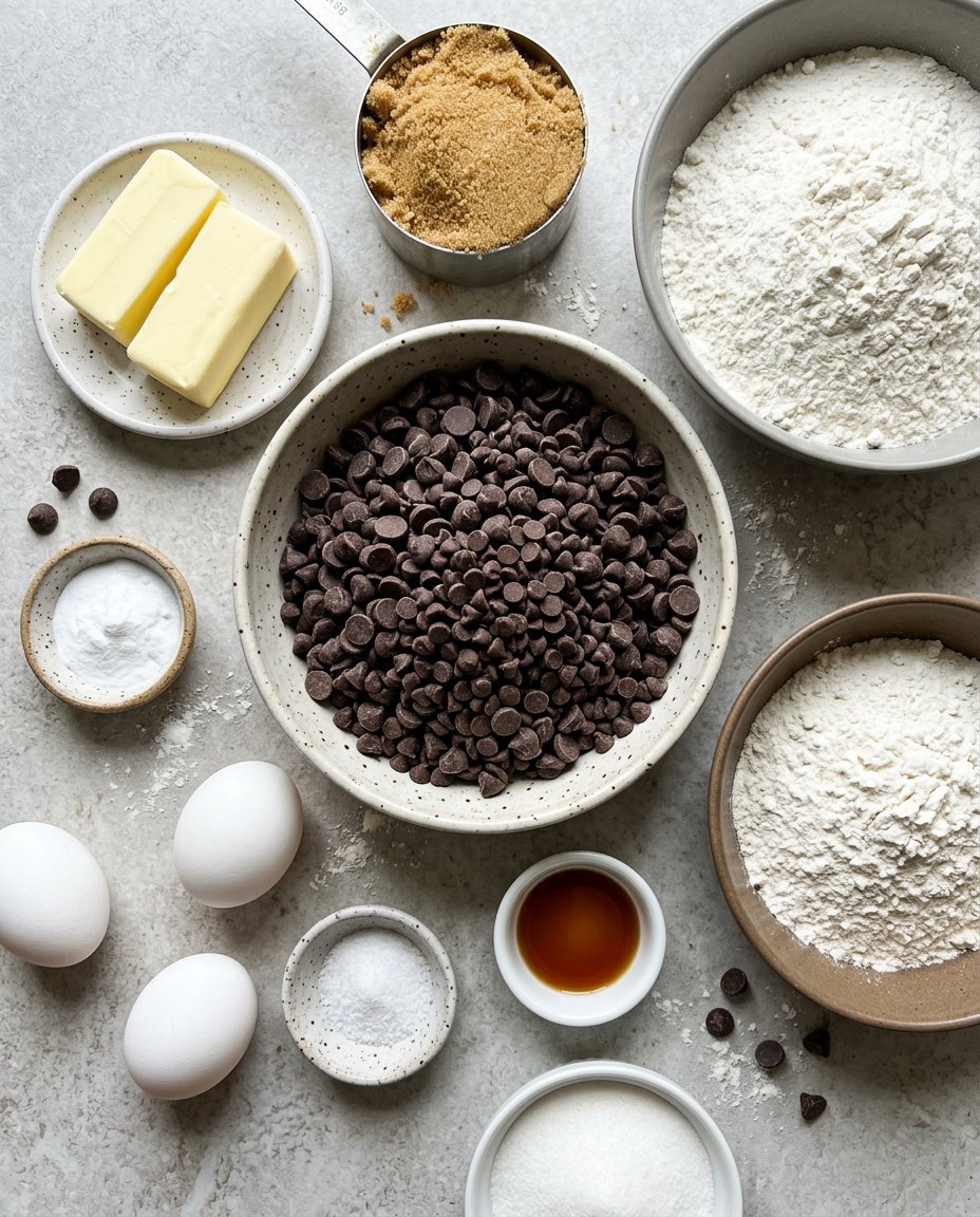Ingredients for chocolate chip cookies including two types of flour and brown sugar.