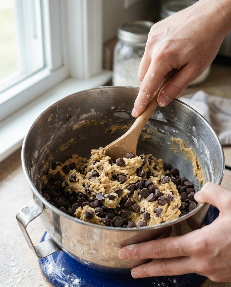 Close up of chocolate chips and flour being mixed in a bowl
