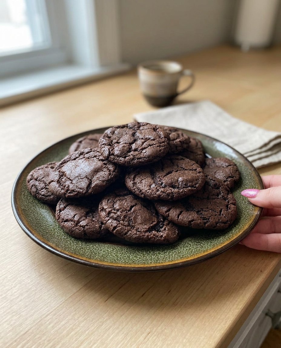 Soft and chewy chocolate cookies on a cooling rack showing technical precision.