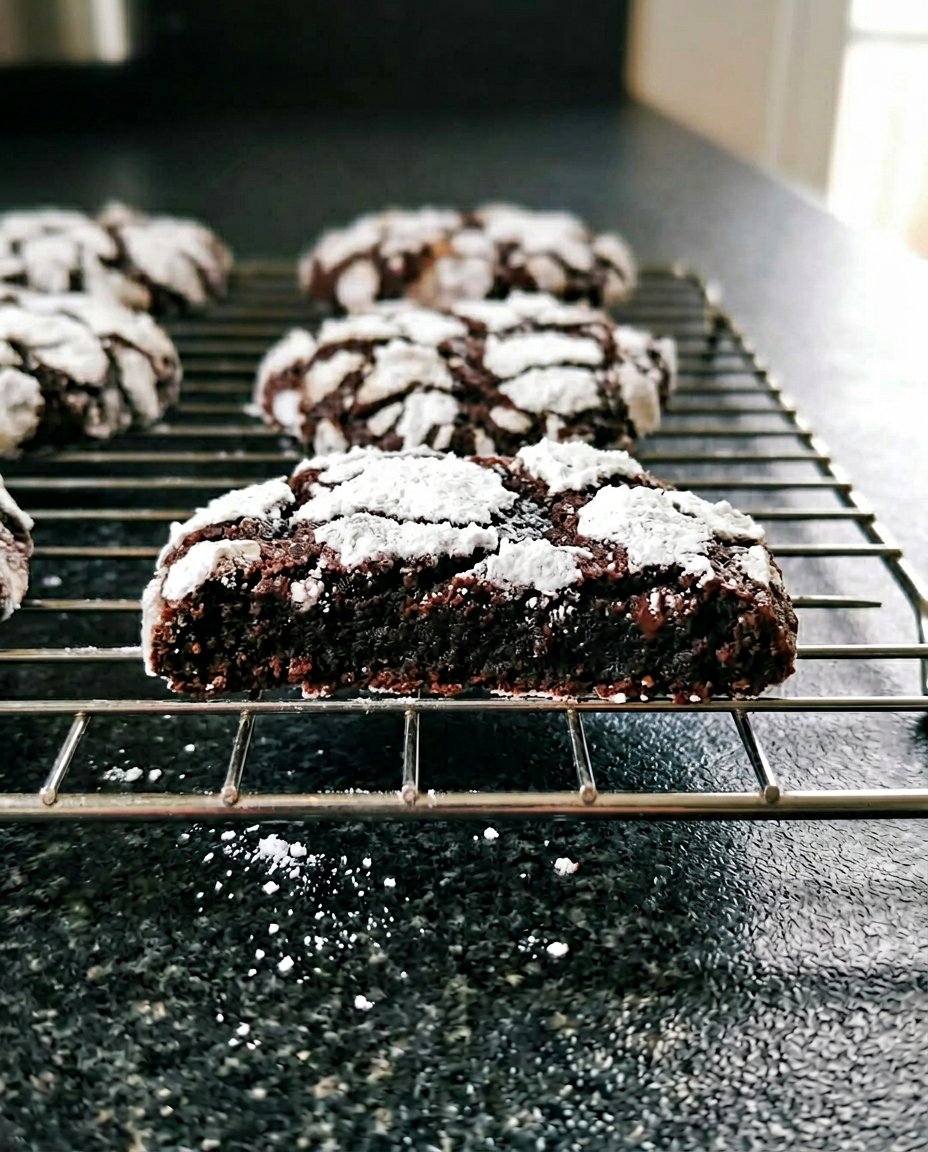 Close up of chocolate crinkle cookies with high contrast sugar crust