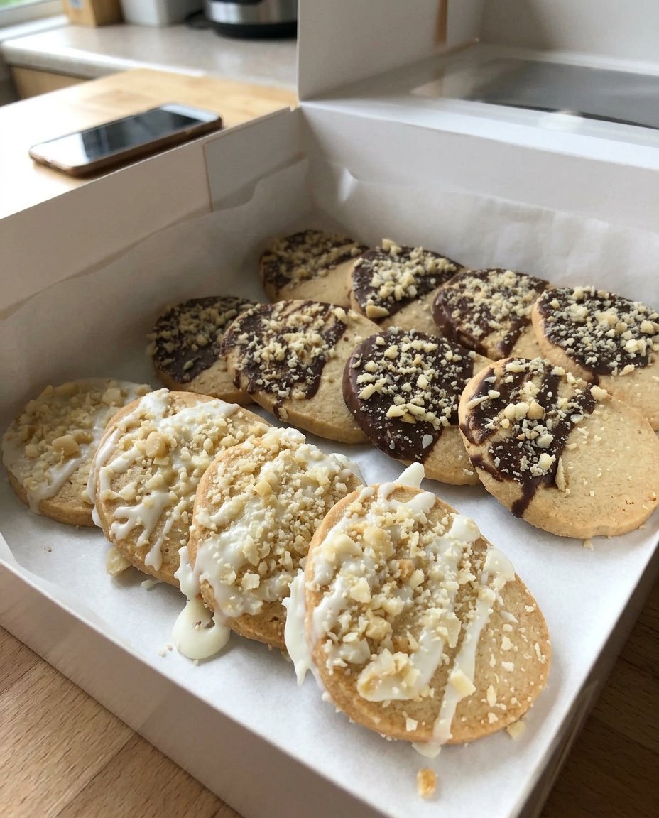 Macadamia shortbread cookies partially dipped in dark chocolate and topped with nuts