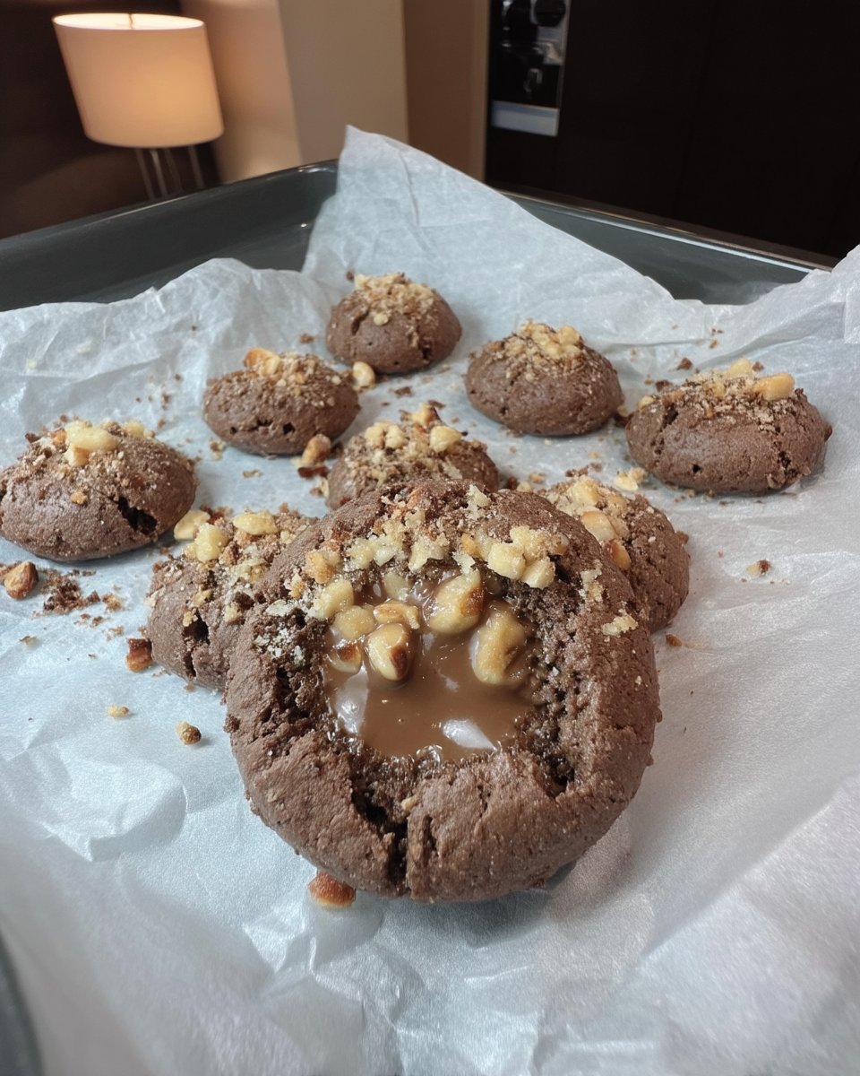 Traditional chocolate hazelnut linzer cookies with a cut-out eye showing hazelnut filling.