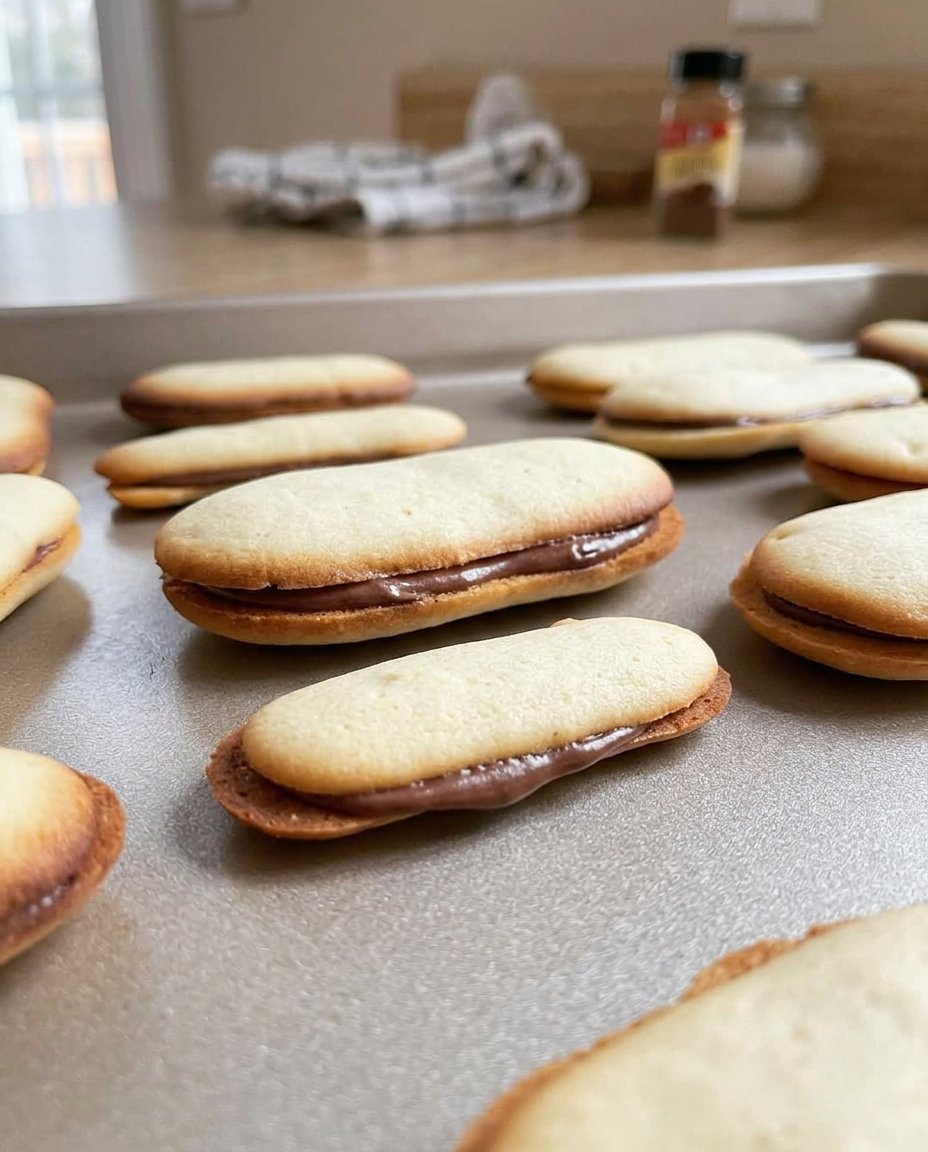 Cross section of a Brussels style sandwich cookie showing the chocolate layer