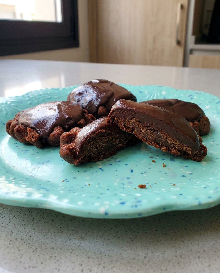 A cross section of a chocolate turtle cookie showing the molten caramel center.