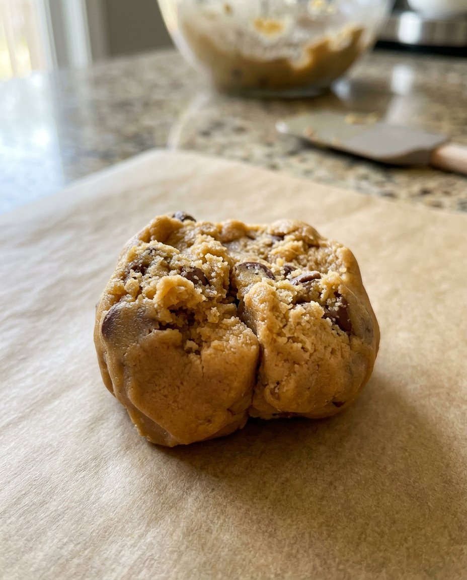 Hands breaking a ball of cookie dough in half to create jagged edges