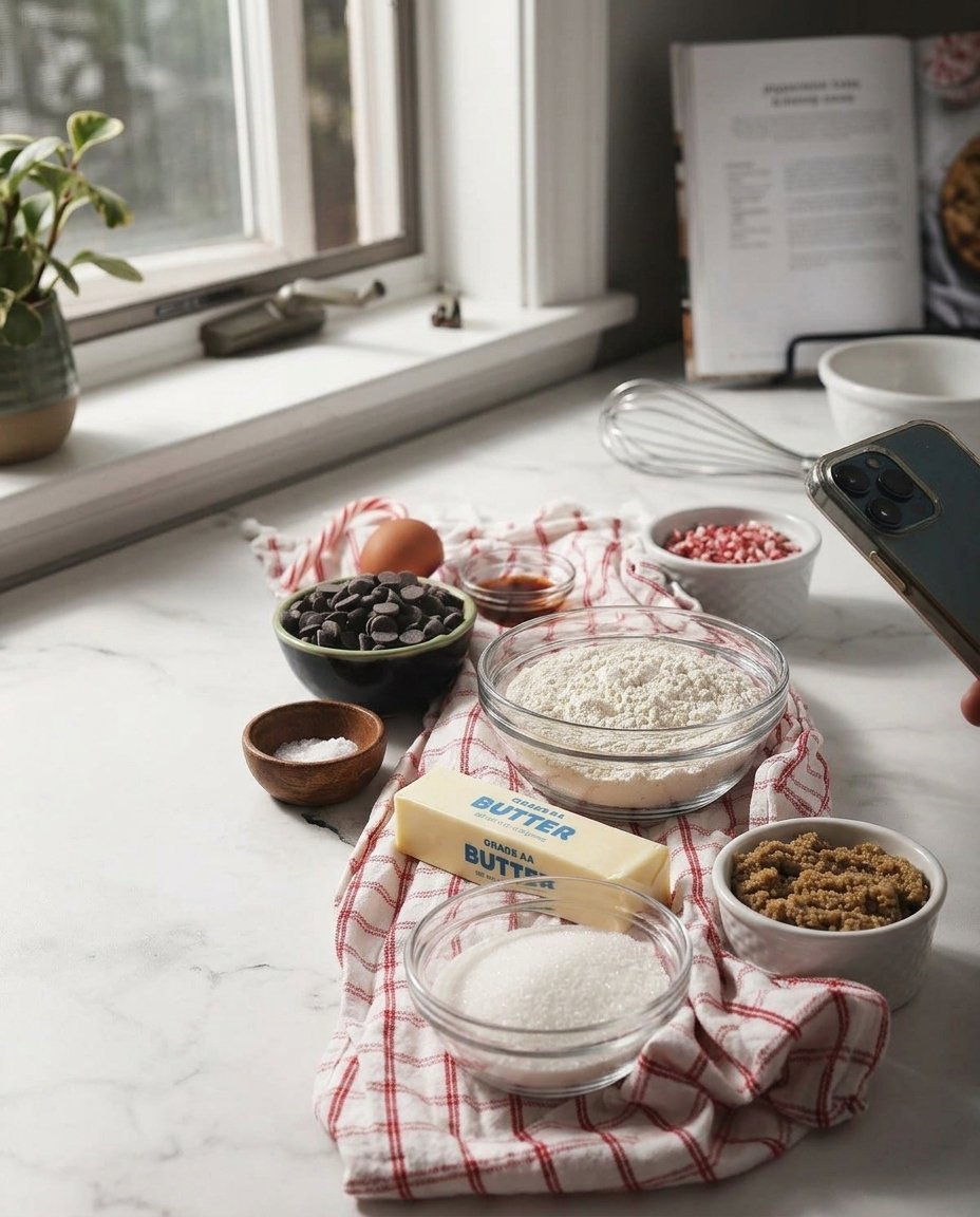 Ingredients for peppermint chocolate chip cookies including butter, sugars, and peppermint chips.