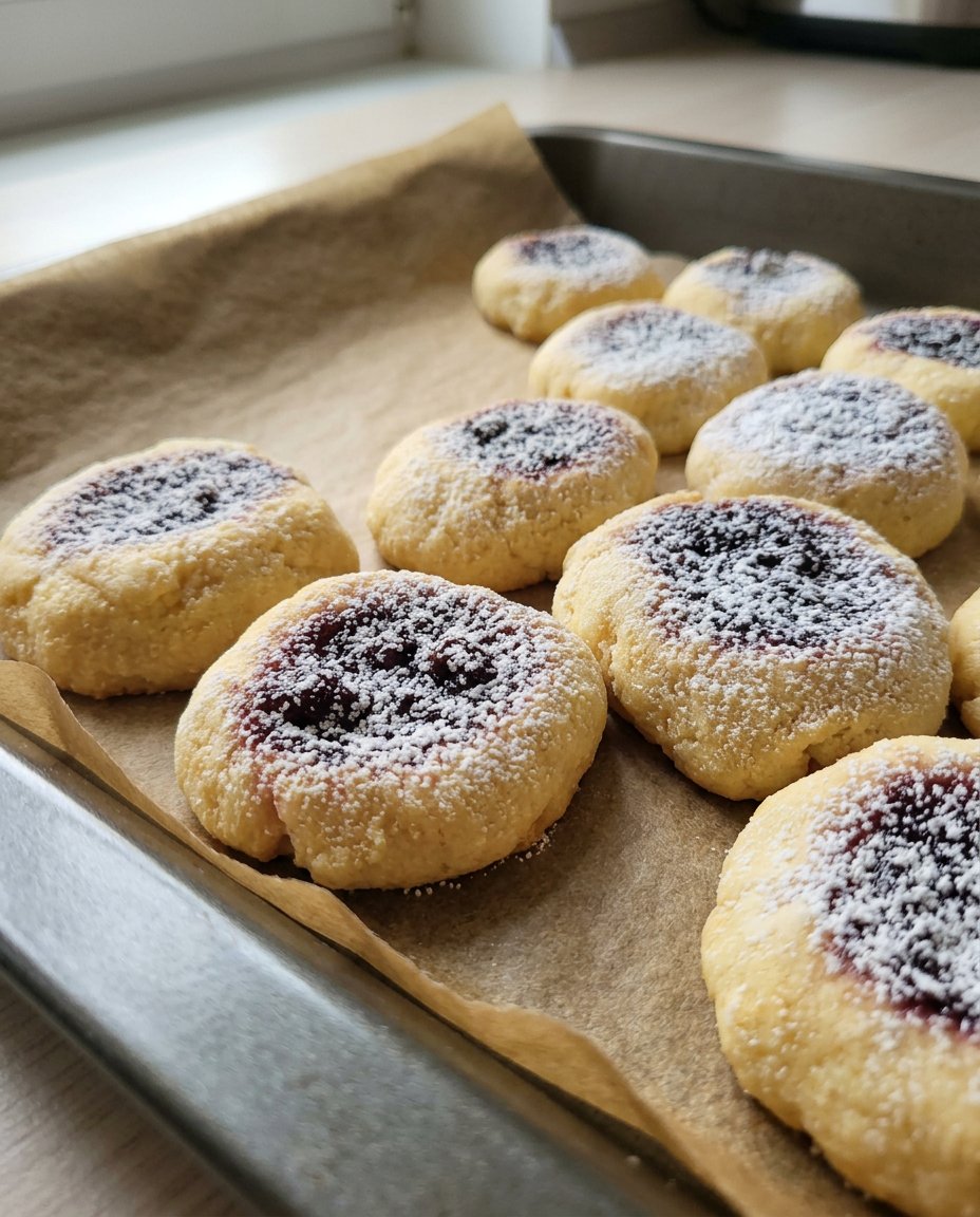 Finished thumbprint cookies with a white icing zigzag drizzled over the top