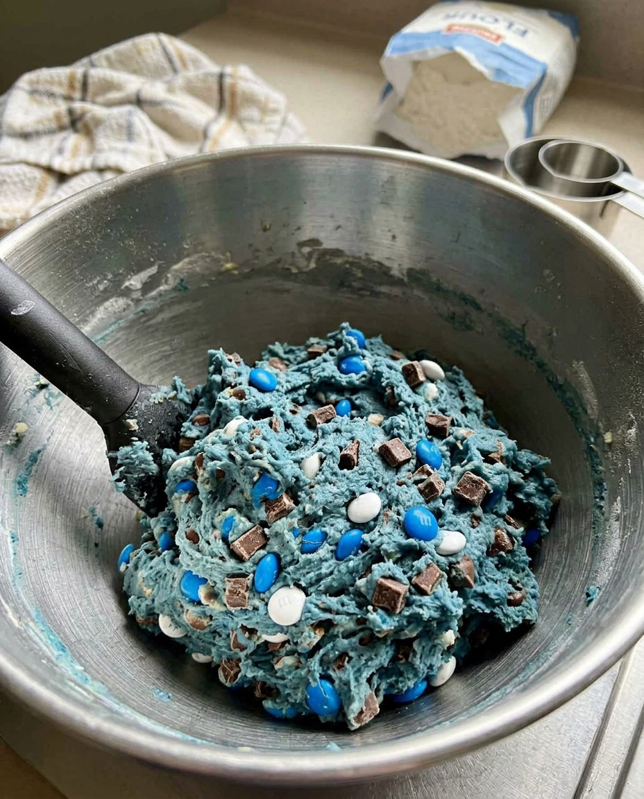 Cookie monster cookies on a baking sheet with candy eyes