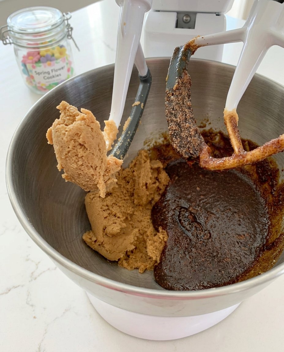 A cookie press being used to extrude flower-shaped dough onto a silicone mat.