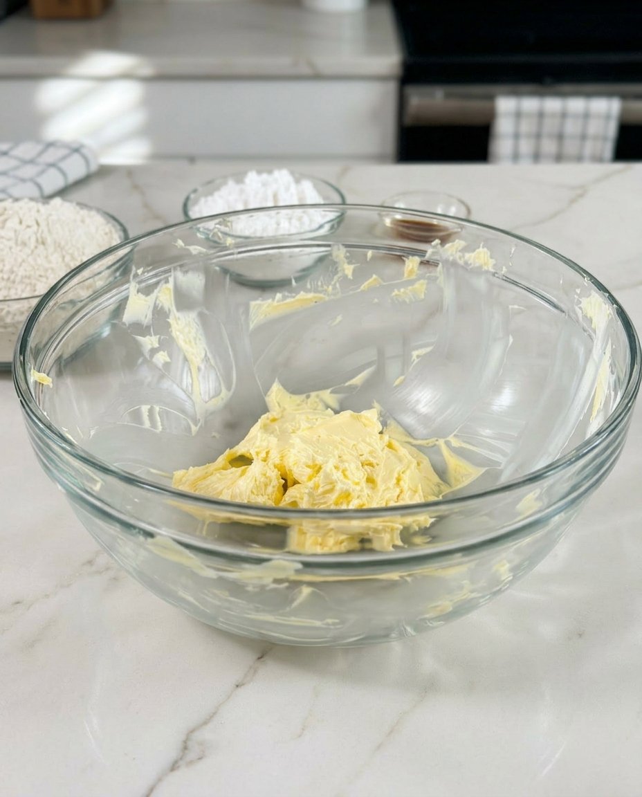Butter and sugar being creamed in a stand mixer to create air pockets