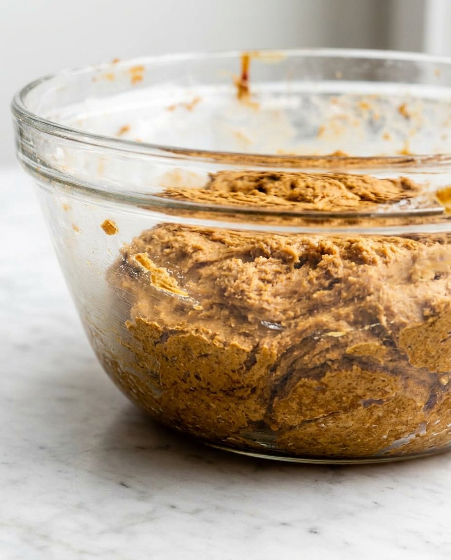 Butter and dark brown sugar being creamed in a stand mixer with a paddle attachment