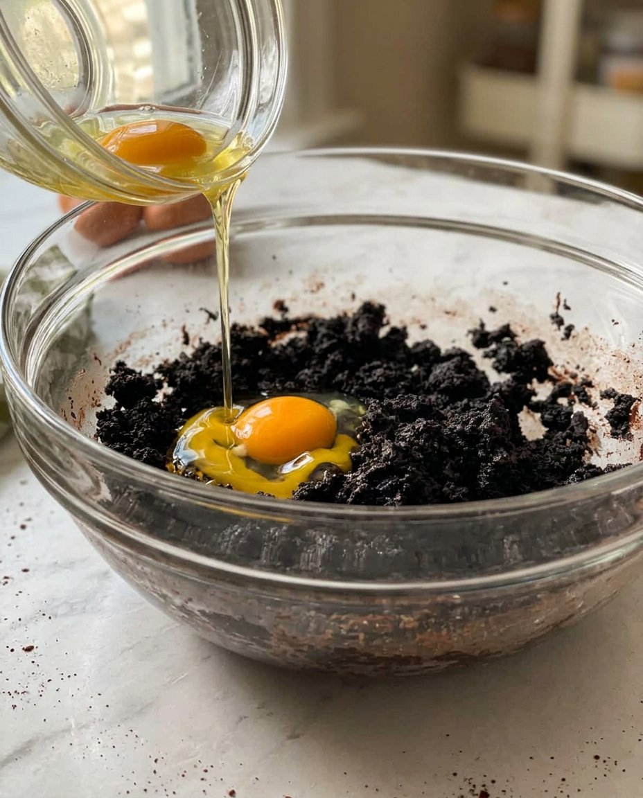 Ingredients for crinkle cookies including cocoa powder and oil