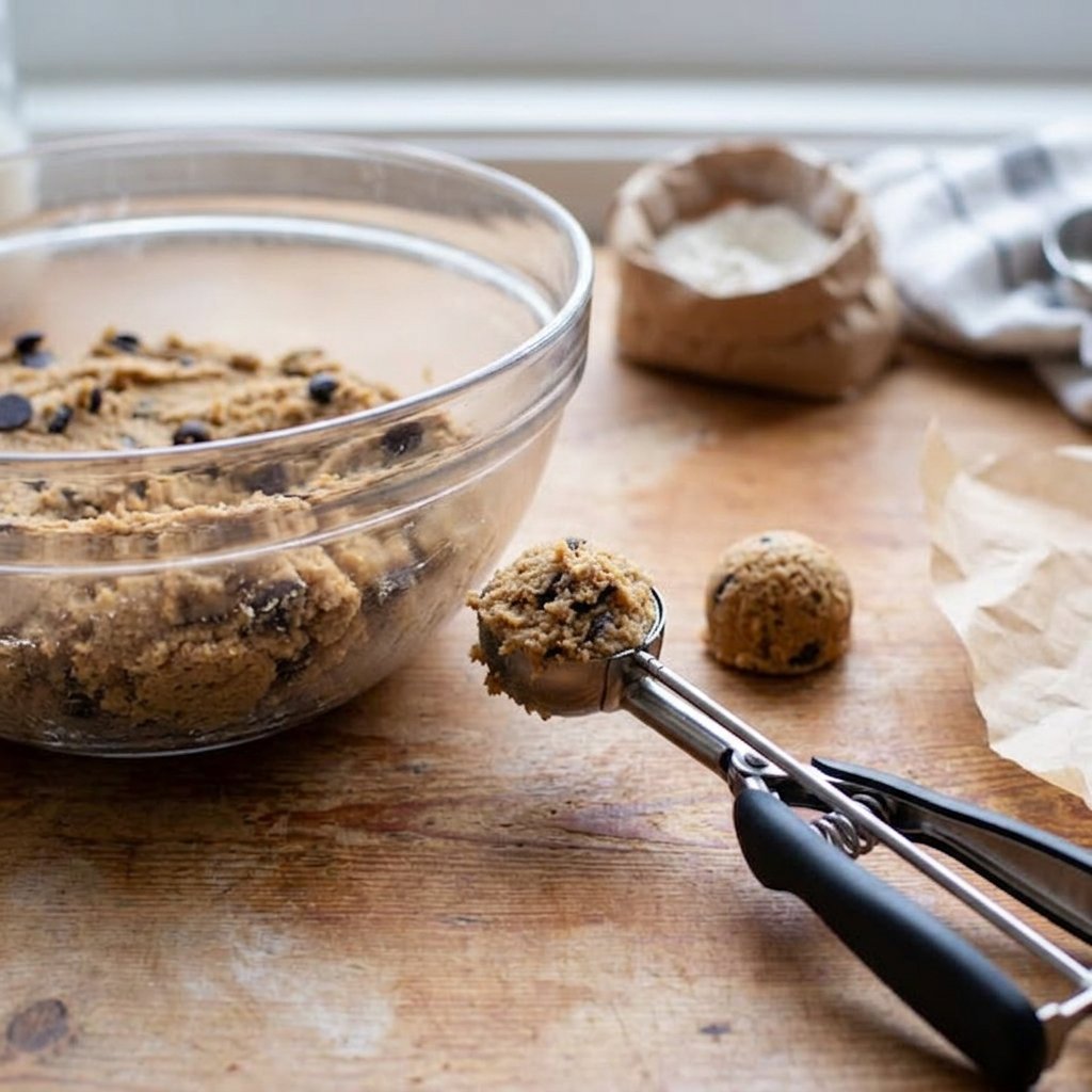 Stack of thin crispy chocolate chip cookies served with a cup of tea.