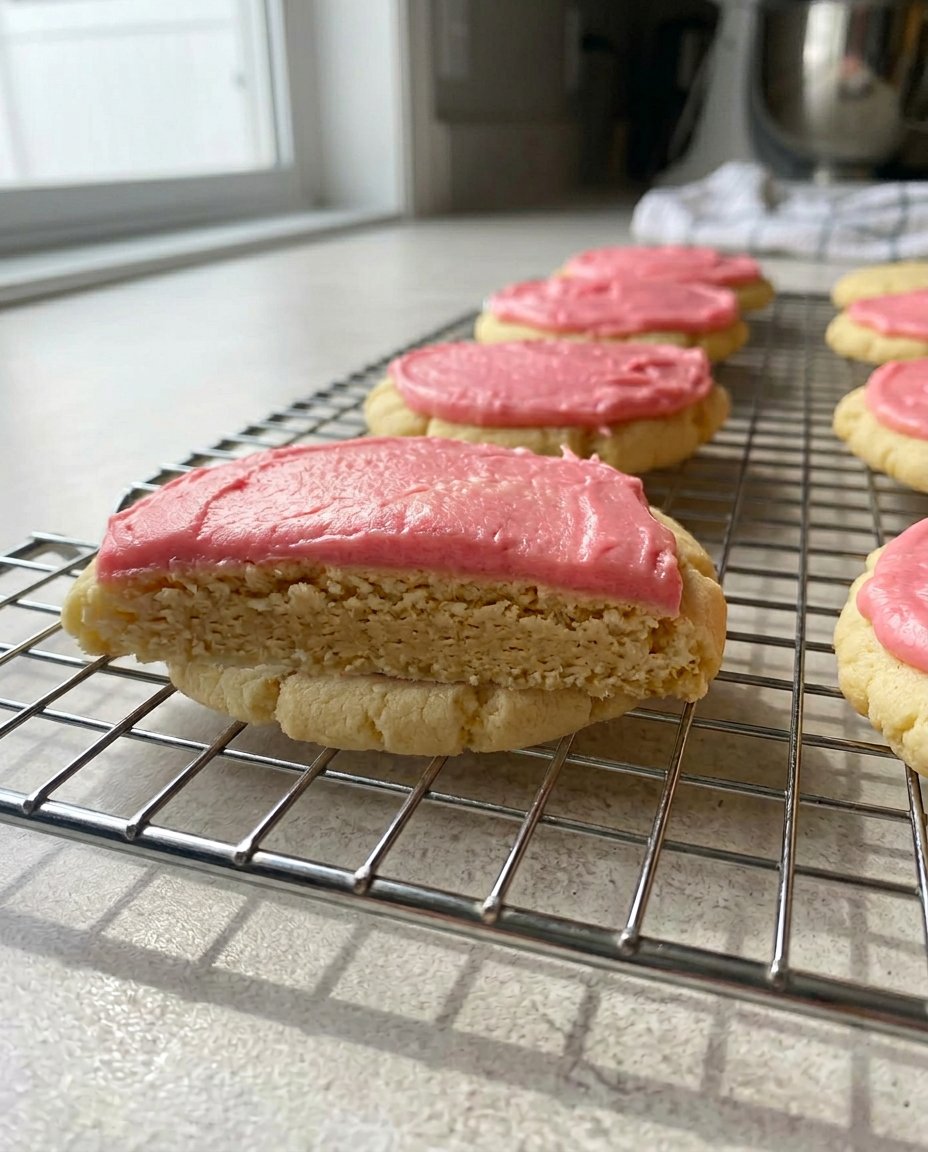 A stack of pale pink frosted Crumbl copycat sugar cookies on a white plate.