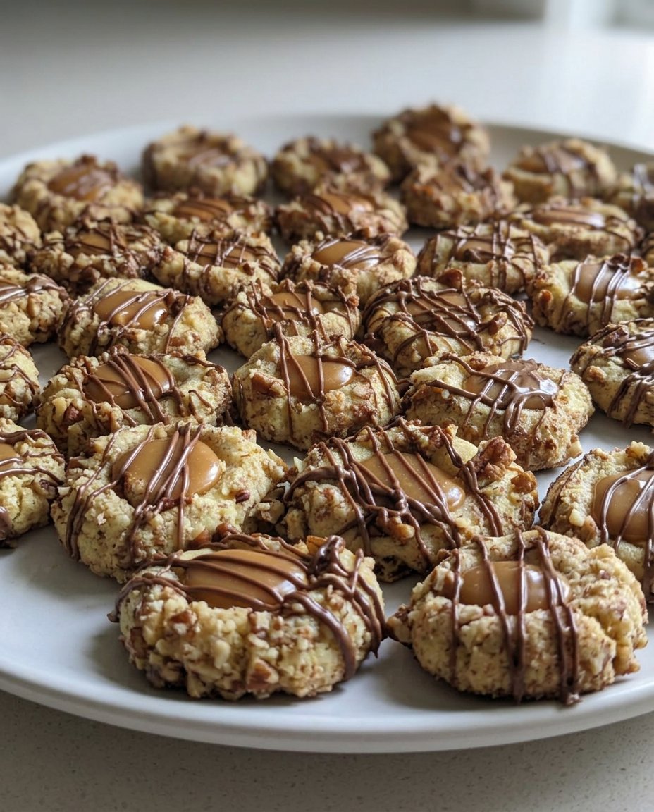 Cute cookie aesthetic 3 pecan pie thumbprint cookies on a cooling rack