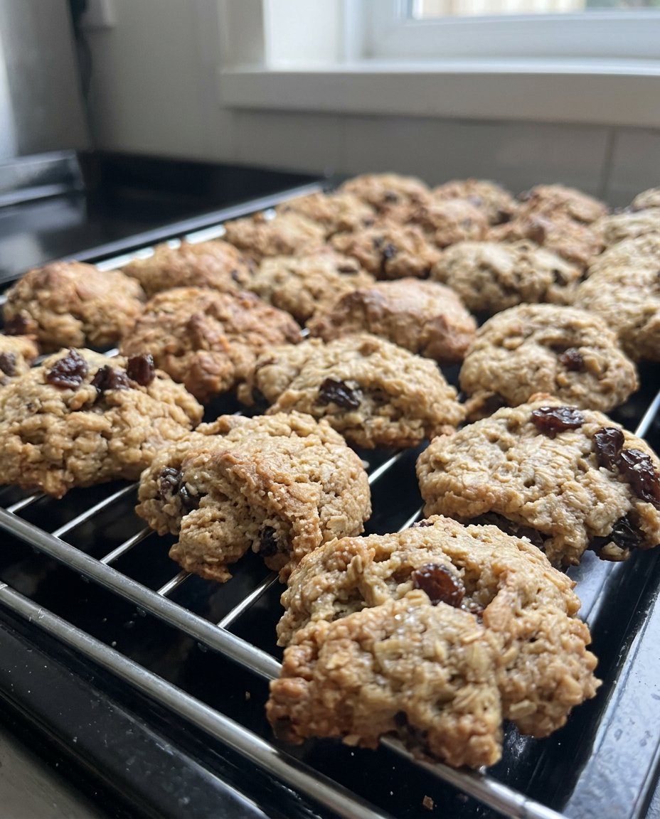 A close up cross section of a double oatmeal raisin cookie showing the dense oat structure and moist raisins.