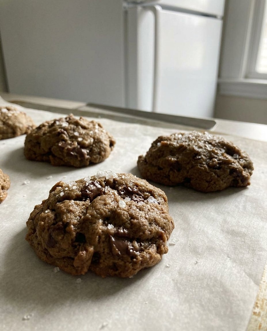 A stack of espresso chocolate chip cookies showing the dark specks of coffee and melted chocolate