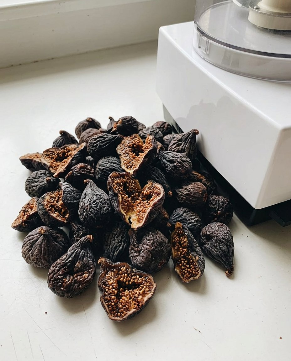 Ingredients for fig newtons including dried figs, applesauce, and flour weighed on a digital scale.