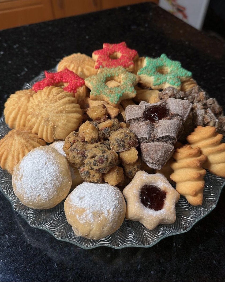 A plate of Spritz cookies served with a traditional tea set and holiday decorations.