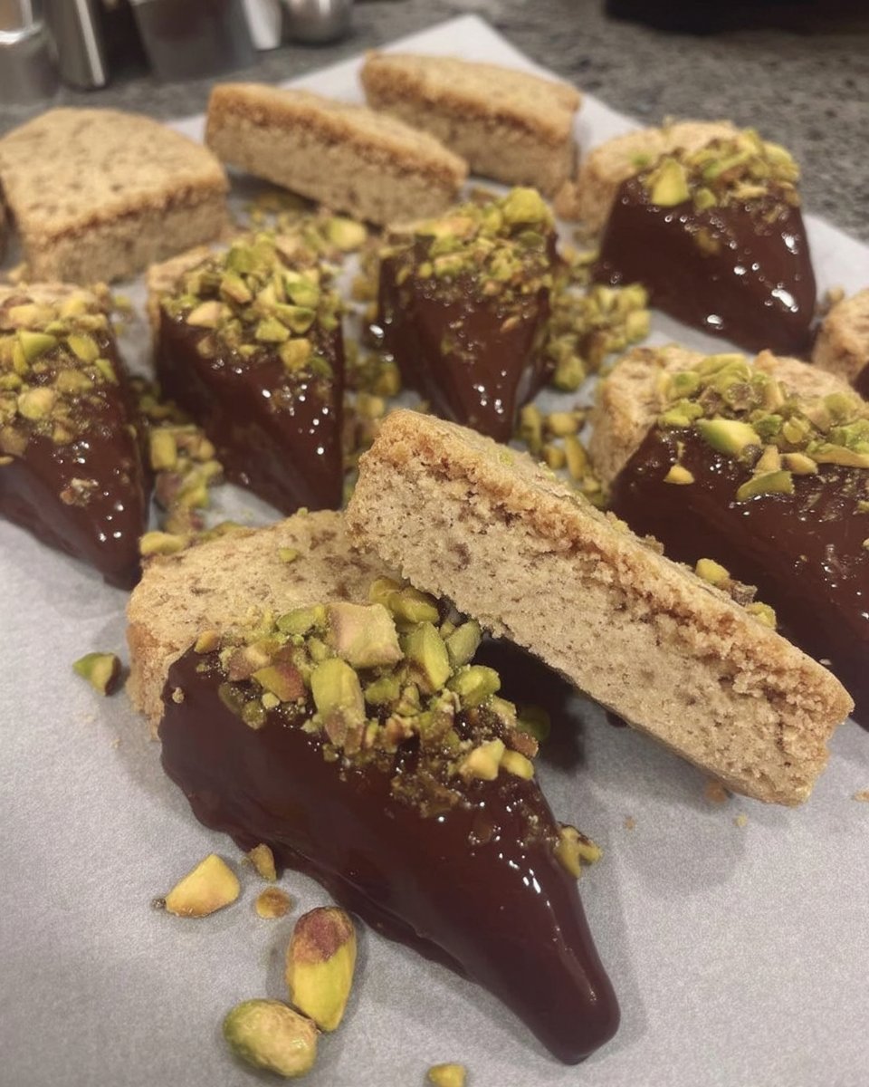 A stack of uniform chocolate dipped shortbread cookies on a cooling rack.