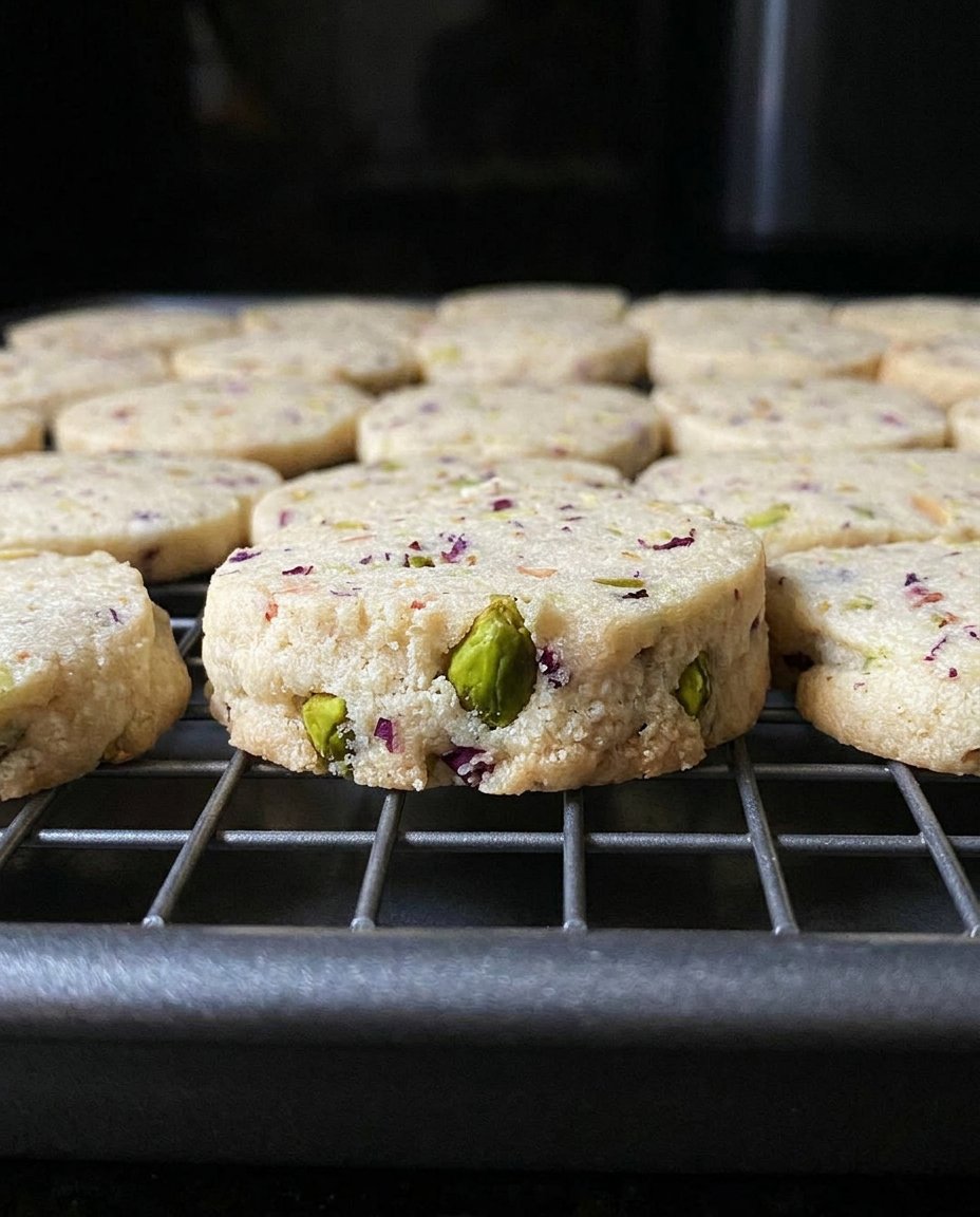 Golden brown pistachio shortbread cookies arranged on a cooling rack