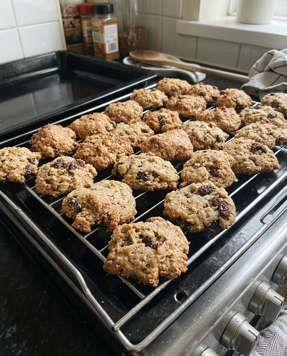 A dozen golden brown oatmeal raisin cookies cooling on a wire rack.