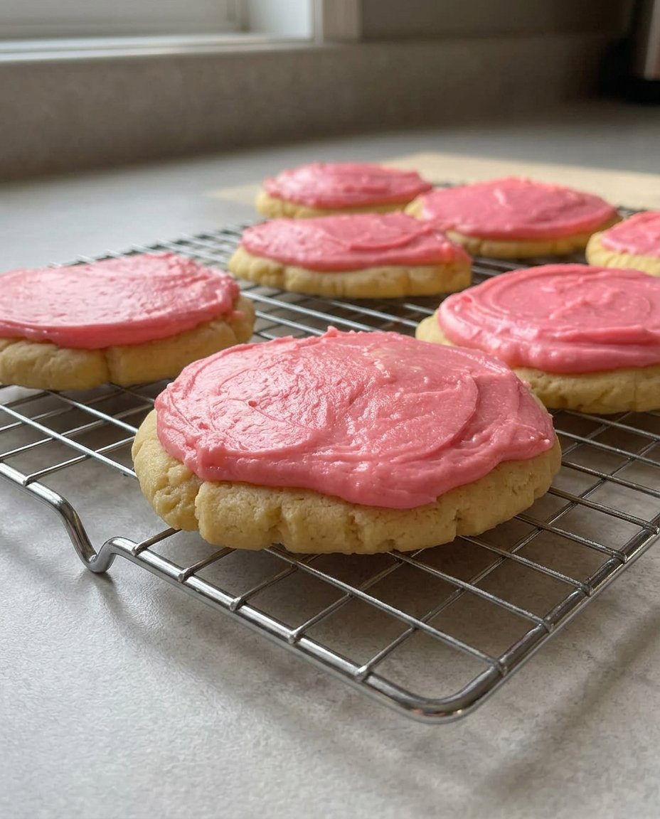Pink frosted cookies being served with a cup of British tea.