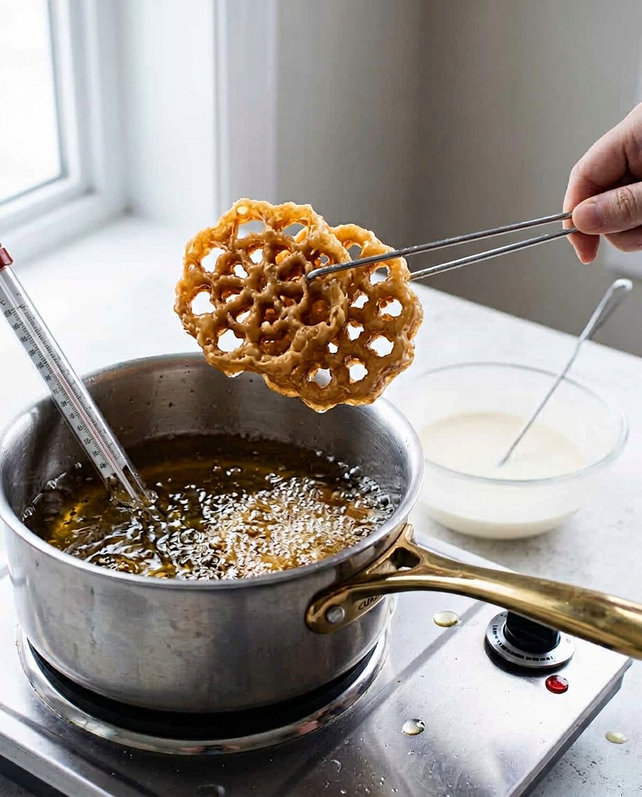A rosette cookie frying in golden oil at exactly 375 degrees